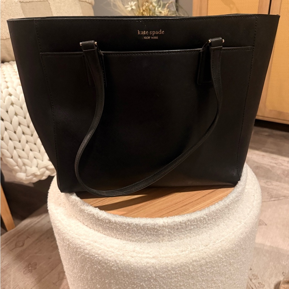 Kate Spade New York Black Leather Work Tote Laptop Bag Large with Front Pocket